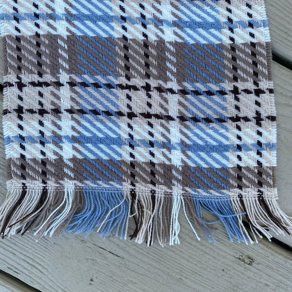 Elegant long plaid scarf with fringes (cream/blue/brown/tan), Size: 60”L.x 9”
